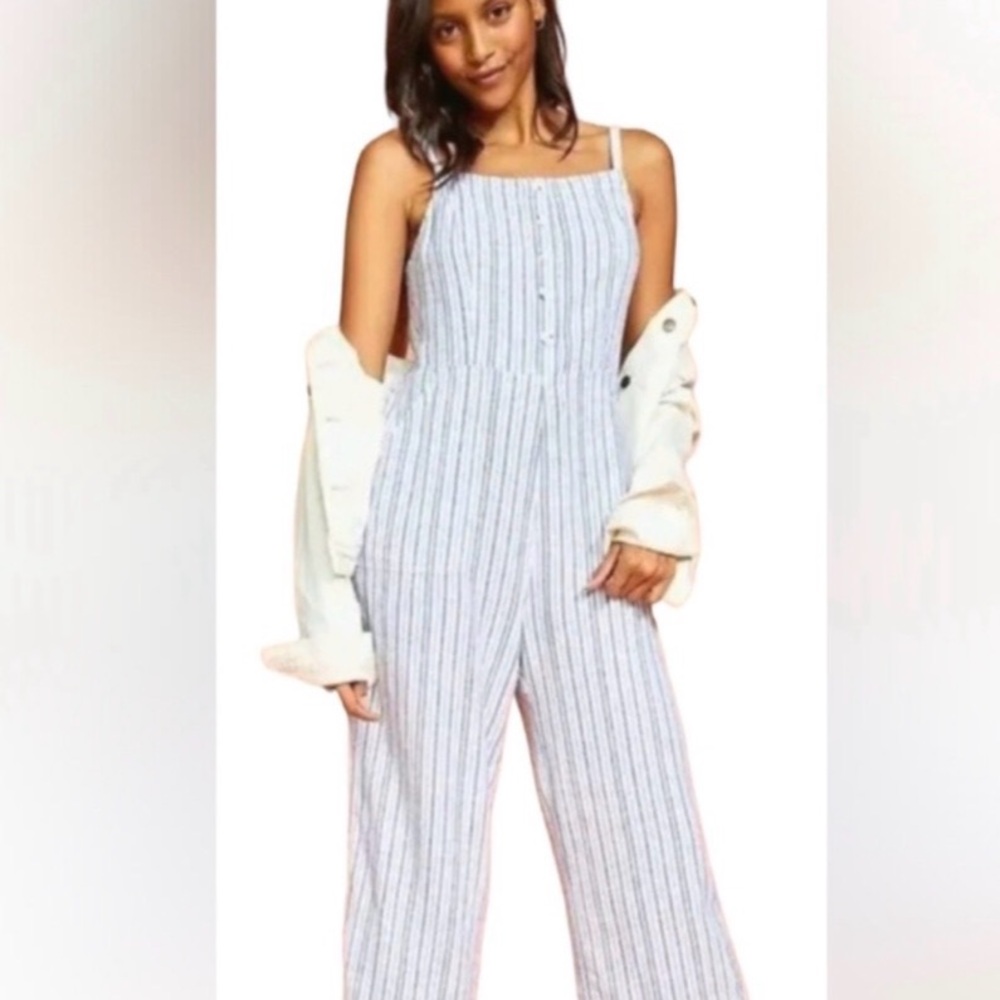 Old Navy Linen Romper Jumpsuit Beach Cover Pinstripe Chambray Coastal Size XL